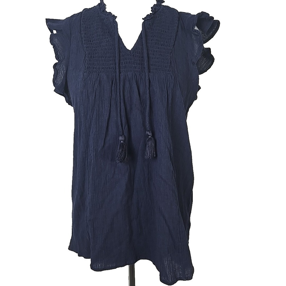 Casa Cabana Navy Gauzy Smocked Ruffle Sleeve Top Size Medium M
